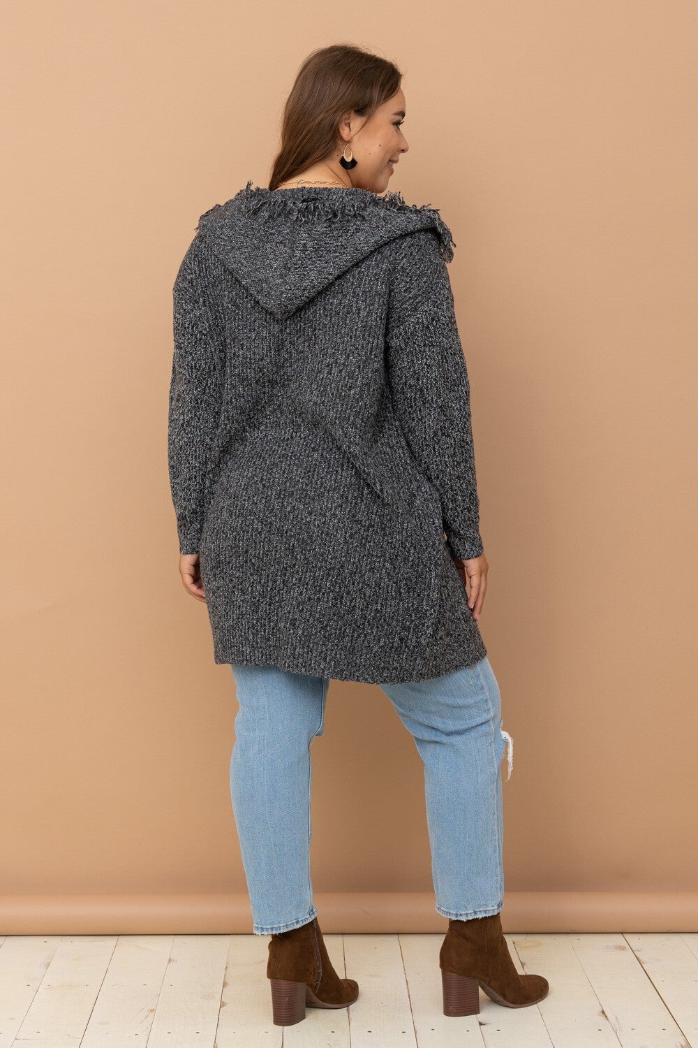 Charcoal Hooded Fringe Knit Open Cardigan | The Urban Market